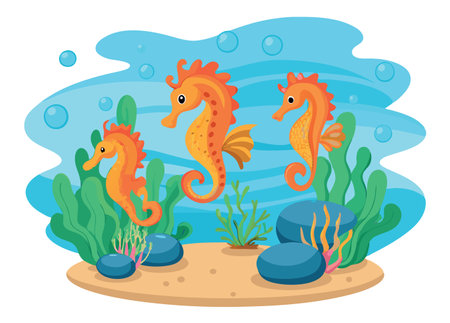 Cartoon illustration of three seahorses swimming together in the ocean depthsのイラスト素材
