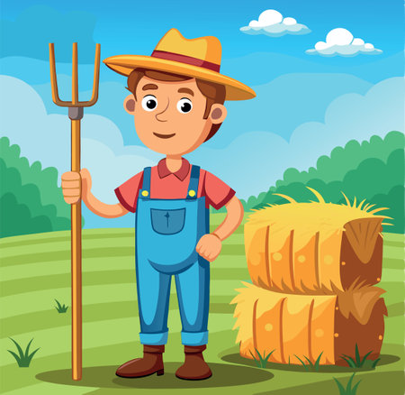 Cartoon farmer holding a pitchfork and standing near hay bales in his farmlandのイラスト素材