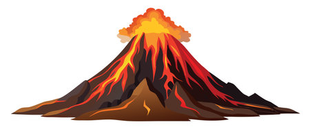 Volcano erupting with red-hot molten lava flowing down its slopes, a symbol of natural power and geological activityのイラスト素材