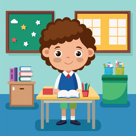 Young boy smiling standing in a classroomのイラスト素材