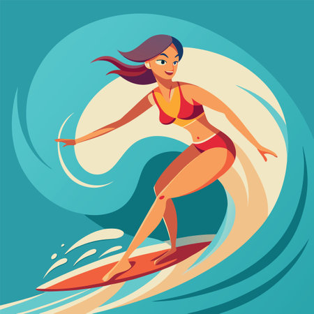 Silhouette of woman surfing on wave at sunsetのイラスト素材