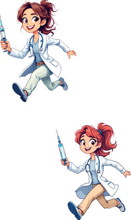 Cartoon illustration of two determined female doctors running with syringes, prepared for vaccinationのイラスト素材