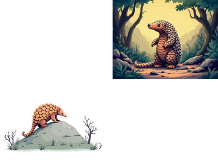Vsai pangolin standing on hind legs, showcasing its unique scales and powerful claws, in a vibrant forest settingのイラスト素材