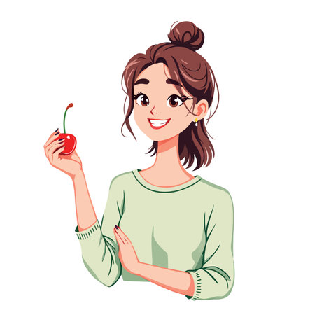 Vsai young woman showing healthy lifestyle and nutrition habits holding a cherry, smiling and looking awayのイラスト素材