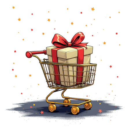 Vsai gift box with red ribbon inside shopping cart with star shaped confetti, perfect for representing shopping and gifts conceptsのイラスト素材