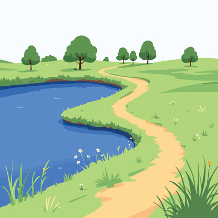 Vsai a picturesque landscape featuring a winding path alongside a tranquil lake, surrounded by lush green meadows and treesのイラスト素材