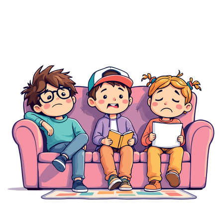 Vsai bored children sitting on a pink sofa reading a book and studyingのイラスト素材