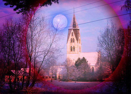 Church in lilac with moonの写真素材