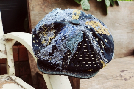 Japanese way of using cloth to embroidery. The old rattling cracked. The art of matching denim with cotton that is indigo mainly as a bag, shoes, hat.の写真素材