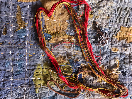 Old jeans lack dyed cotton blue indigo blue. The blue is sewn to form a perfect fit. Boro Japanese styleの写真素材