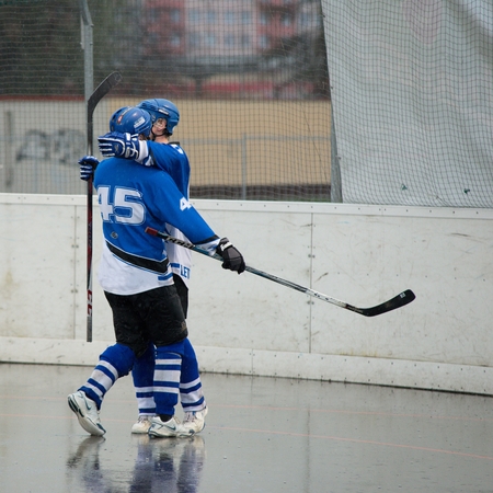 Two Letohrad hockeyball players after goalのeditorial素材