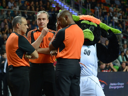 Referees and mascot of Turów. 2nd round Euroleague basketball match between the PGE Turow Zgorzelec and Fenerbahce Ülker Istanbul. Played in Lubin on October 23, 2014のeditorial素材