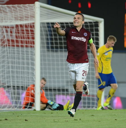 PRAGUE 10 / AUG / 2015 _ David Lafata celebrate the his goal. 3.round of Czech soccer league Between AC Sparta Praha and FC Zlín Fastav.のeditorial素材