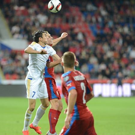 Pilsen 09.04.2015 _ Ulan Konysbayev and Borek garnered. Match of the EURO 2016 qualification group A Czech Republic - Kazakhstan.のeditorial素材