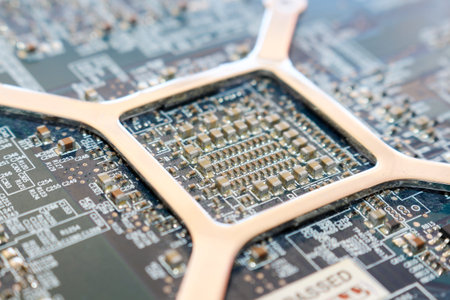 Computer and electronic circuits modern background. Blue chip mounting of the cooler.