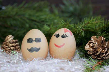 Lovers on New year and Christmas. Unusual eggs with faces, faces. The love of two eggs, cartoon Christmas.の写真素材