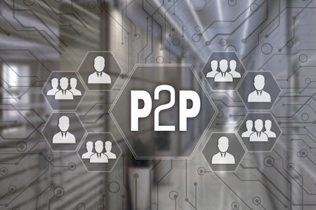 P2P, Peer to peer   on the touch screen with a blur background of the office.The concept of Peer to...
