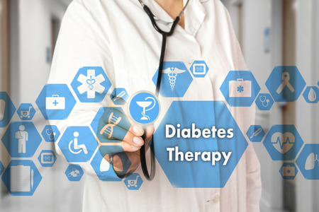 Medical Doctor with stethoscope and Diabetes Therapy icon in Medical network connection on the virtual screen on hospital background.Technology and medicine concept.の写真素材