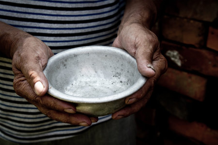 The poor old man's hands hold an empty bowl. The concept of hunger or poverty. Selective focus....