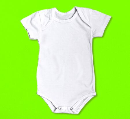 White bodysuit isolated on background.Accessories, clothes for newborns. Body of children . Delightful white jumpsuit.の写真素材