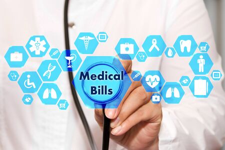 Medical Bills on the touch screen with icons on the medicine background blur Doctor in hospital.Innovation treatment, service, health data analysis. Medical Healthcare Concept Medical Billsの写真素材