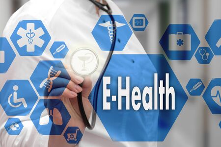 Medical Doctor with stethoscope and E-Health word in Medical network connection on the virtual screen on hospital background.Technology and medicine concept.の写真素材