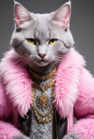 Anthropomorphic cat girl in a pink fur coat. Successful and rich cat portrait. Luxury concept. AI generatedの素材