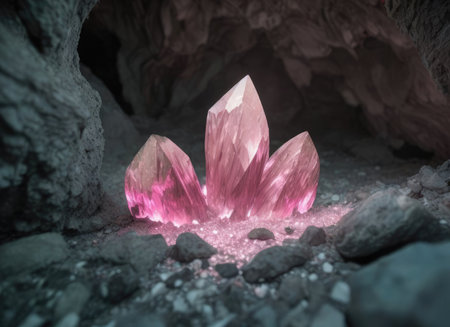 Beautiful pink quartz crystal in cave. Gemstone. AI Generatedの素材