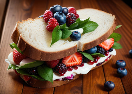 sandwich with cream, berries and mint on a wooden table. AI Generatedの素材