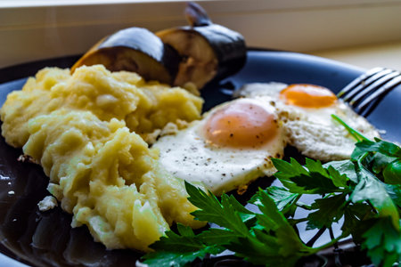Healthy food bowl: salmon, eggs, potatoes, mushrooms, rice and spinach on white wooden tableの写真素材