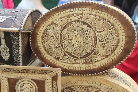 Ulan-Ude, Buryatia, Russia. Exhibition and sale of Russian and Buryat folk Souvenirs Crafts Fair. Birch bark productsのeditorial素材