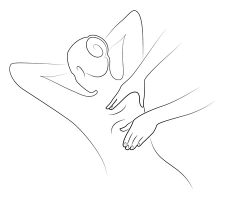 Massage logo concept. Close-up of hands of a masseur doing a back massage womanのイラスト素材