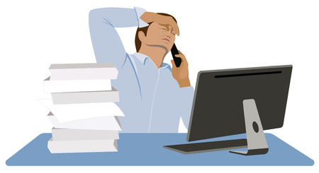 Difficult conversation with a customer. Tired manager sits at the desk and talks to the client on the mobile phone isolated on white background vector illustration.のイラスト素材