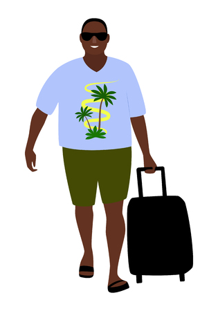 Tanned happy tourist in sunglasses comes with a suitcase isolated on white background vector illustration.のイラスト素材