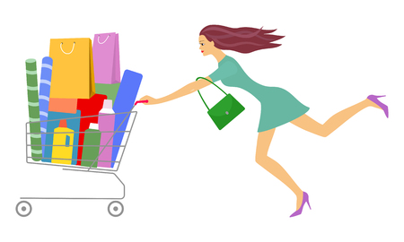 Young beautiful woman rolls full shopping cart. Big sale, big discount. Vector illustration isolated on white background.のイラスト素材