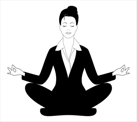 Business woman sitting in the padmasana lotus pose. Office worker meditating, doing yoga after stress and work day. Concept template silhouette vector illustration isolated on white background.のイラスト素材