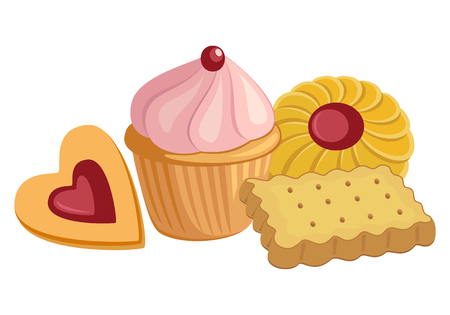 Assorted Biscuit, Cookies and Cupcake Food Collection. Baking Sweets for Tea or Coffee Vector Illustration.のイラスト素材