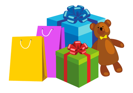 Shopping bags, Gift boxes and Teddy bear.のイラスト素材
