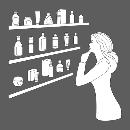 Woman chooses cosmetics and perfumery at cosmetics shop.のイラスト素材