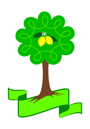 Stylized lemon tree logo. Young lemon tree with green leafs, roots and yellow lemon. Vector illustration isolated on white background.のイラスト素材