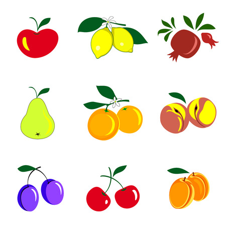 Fruits and berries colored icons collection. Set of fruits are apple, lemon, pomegranate, pear, orange, peach, plum, cherry, apricot. Vector illustration isolated on white.のイラスト素材