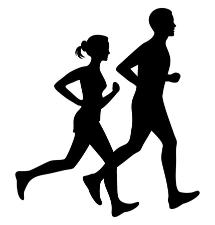Running man and woman black silhouette isolated  illustration. Running couple, jogging couple.のイラスト素材