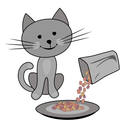 Happy cat, cat feeding concept. Owner holds carton box of cat food and feeds the cat. Vector cartoon illustration.のイラスト素材