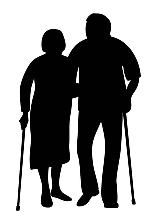 Elderly couple holding hands walking in the park silhouette. Grandfather and grandmother stand together leaning on a cane. Vector illustration.のイラスト素材