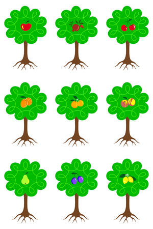 Set of different cartoon fruit trees with ripe fruits and roots isolated on white background. Sign for juice, jam, marmalade. Garden trees collection vector illustration.のイラスト素材