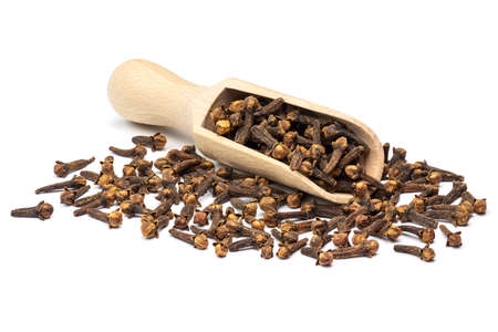 Dried clove spice in the wooden scoop isolated on white background. Full depth of field close-up.の写真素材