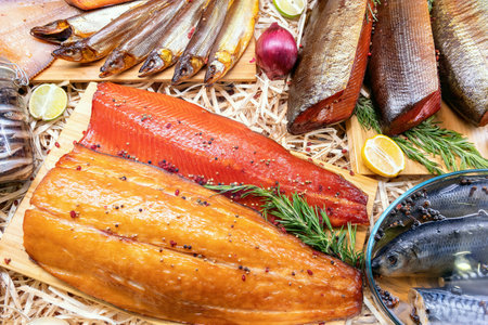 Smoked salmon fillets and pepper, lemon and rosemary on wooden cutting board top view. Various fish in seafood market. Fish background.の写真素材