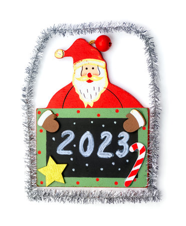 Happy New Year greeting card. Santa Claus congratulates you Happy New Year 2023.