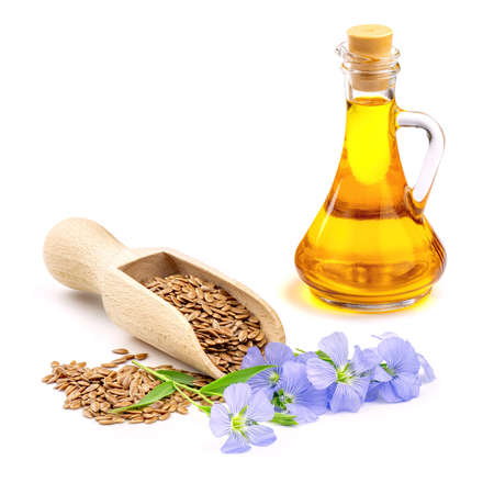 Blue flax flowers and raw flax seeds isolated on white background. Fresh pressed linseed oil in glass jug is source of Omega-3 fatty acids.の写真素材