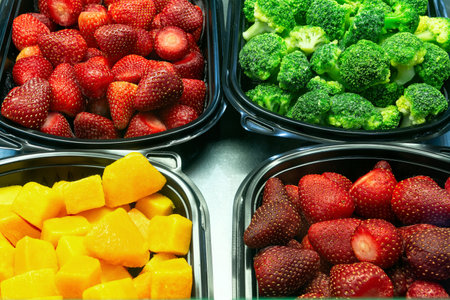 Frozen berries, fruits and vegetables in supermarket window, top view. Frozen food.の写真素材